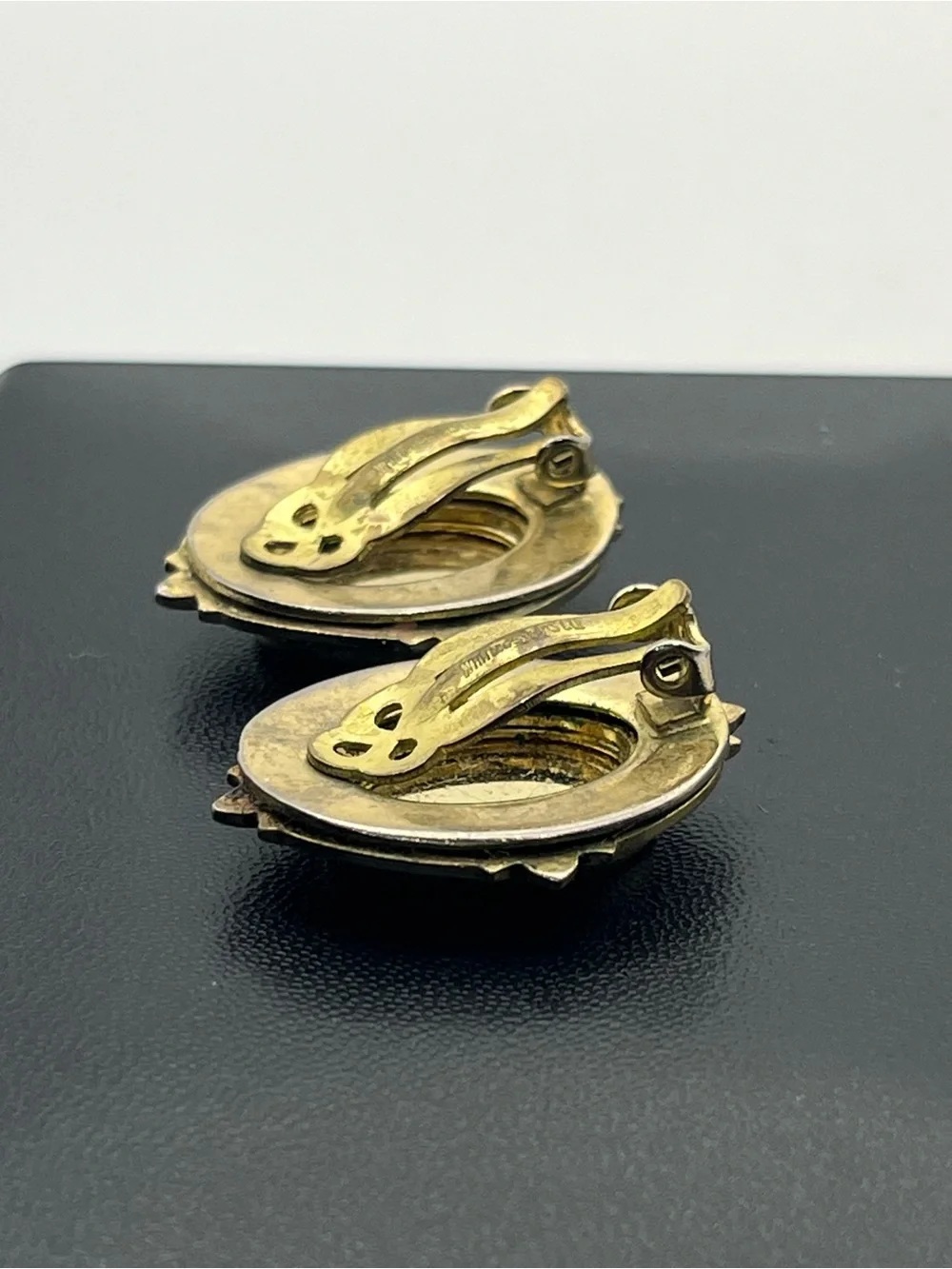 Whiting & Davis 1950’s Victorian Revival Gold tone mother of pearl clip earrings